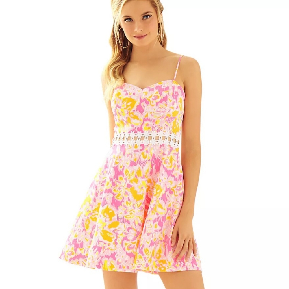 Lilly Pulitzer Lenore Lace Cut-Out Dress Orange Floral Sweetheart 0468 Sz 00